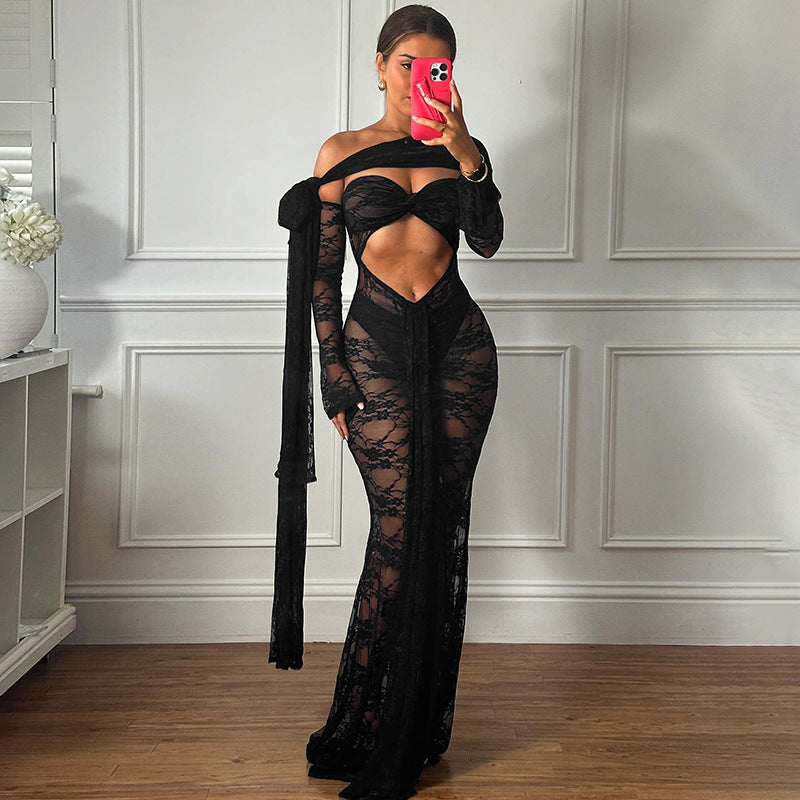 Chest-Wrap Long-Sleeved Lace Dress
