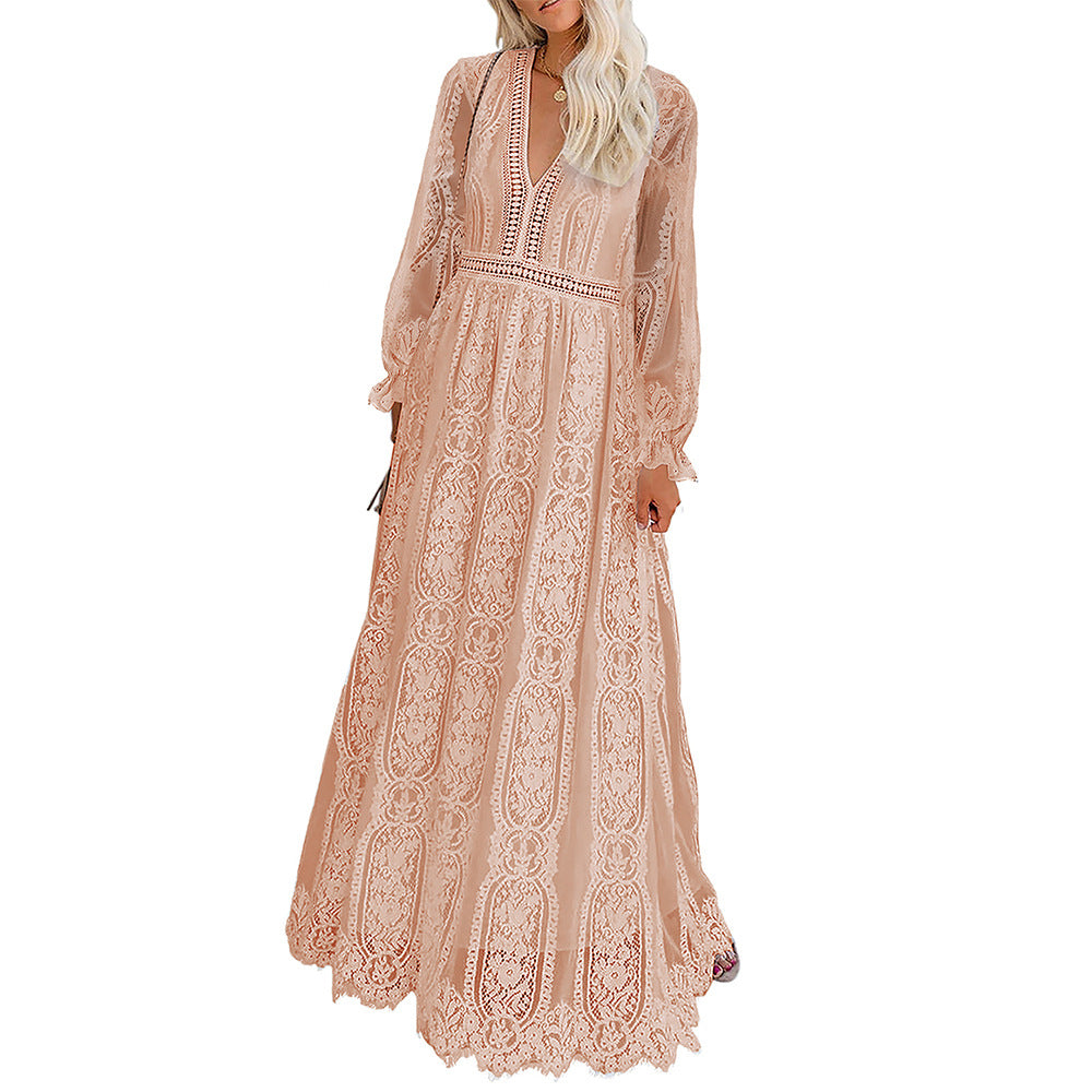 Lace V-Neck Cinched Waist Pullover Dress