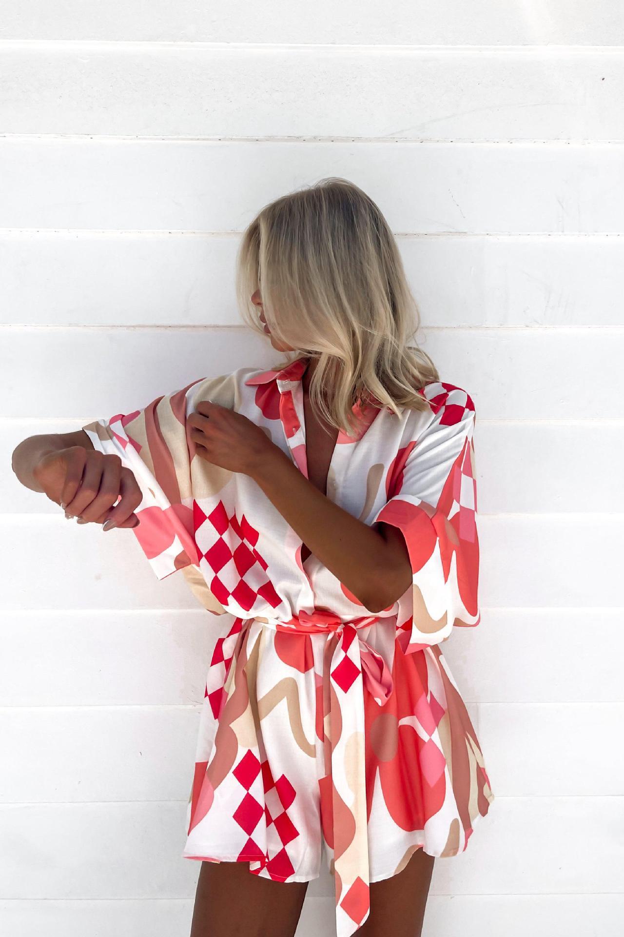 Printed Lace-Up Short Pants Jumpsuit