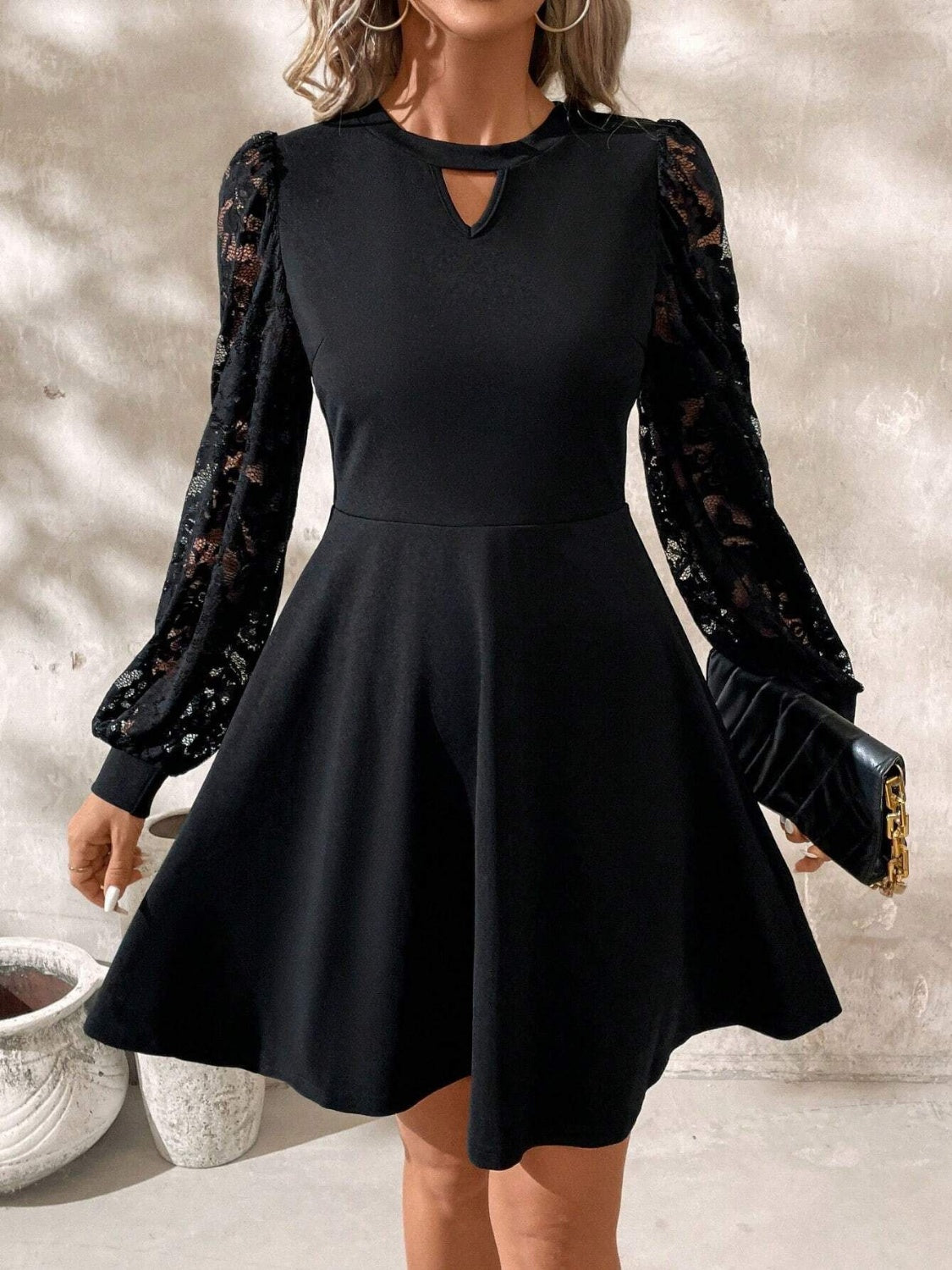 Cutout Lace Long-Sleeve Mini Dress - US Only