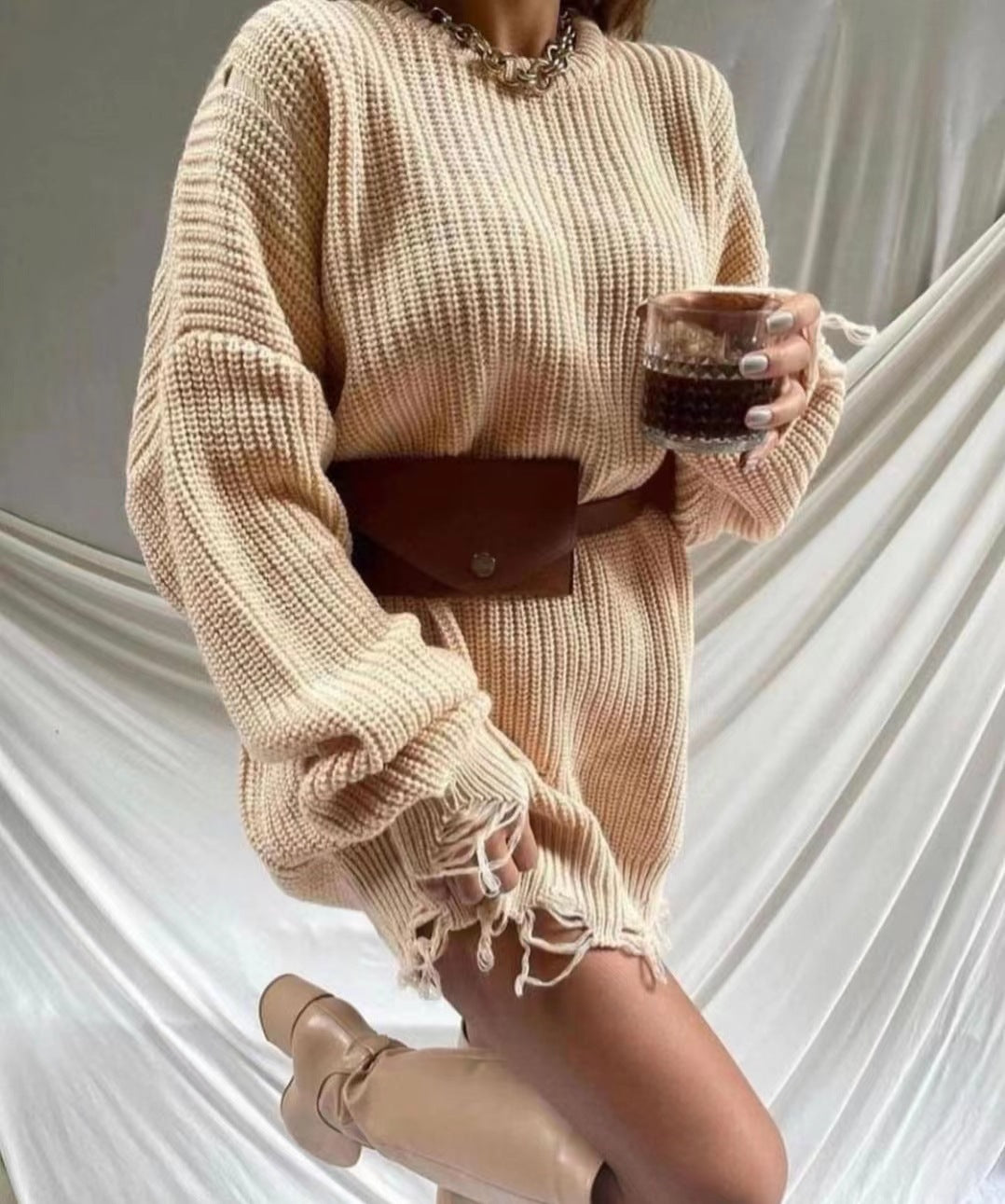 Round-Neck Long-Sleeve Burrs Loose Knitted Pullover Sweater Dress