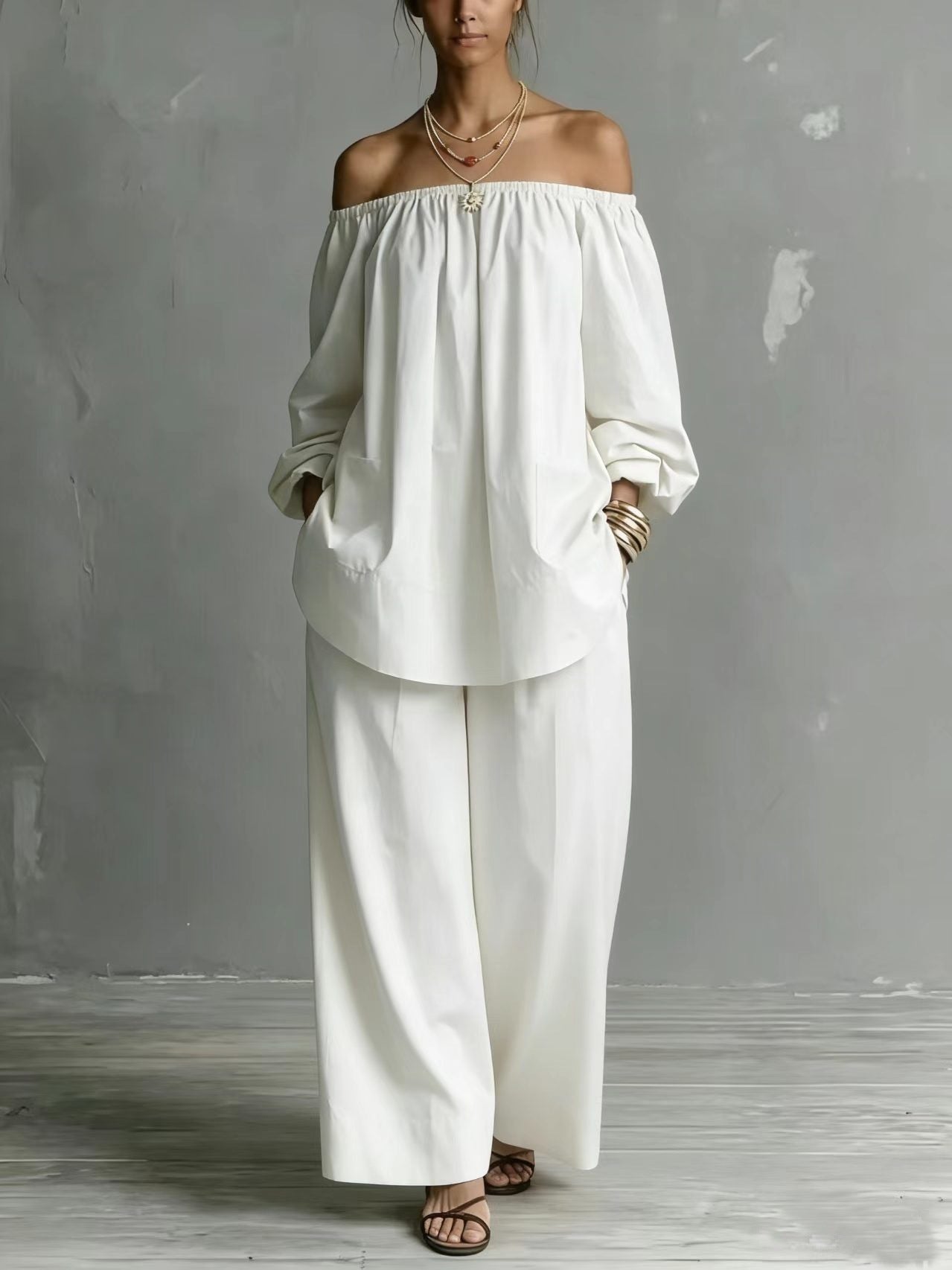 Off-shoulder Womens Cotton And Linen Wide-leg Pants Set
