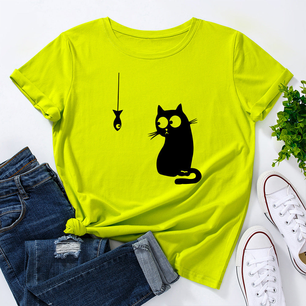 Women's Cute Cat Loose Round-Neck Cotton Short Sleeve T-Shirt