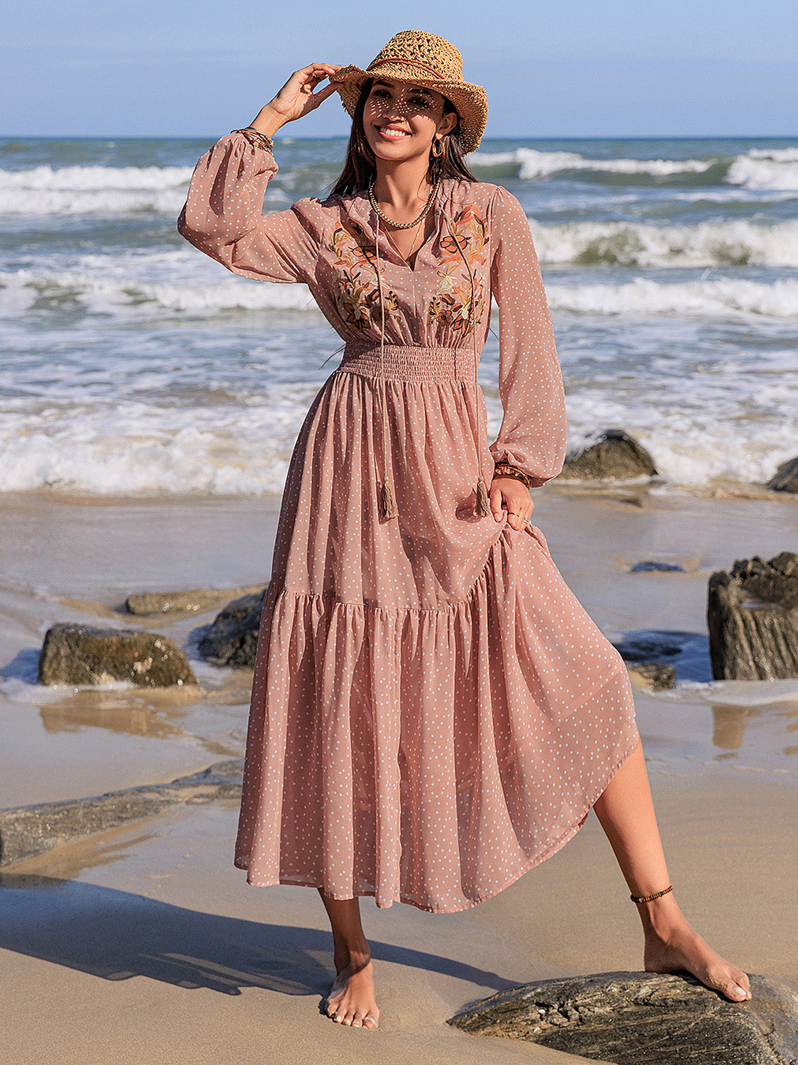 Embroidered Polka Dot Tie-Neck Long-Sleeve Midi Dress - US only