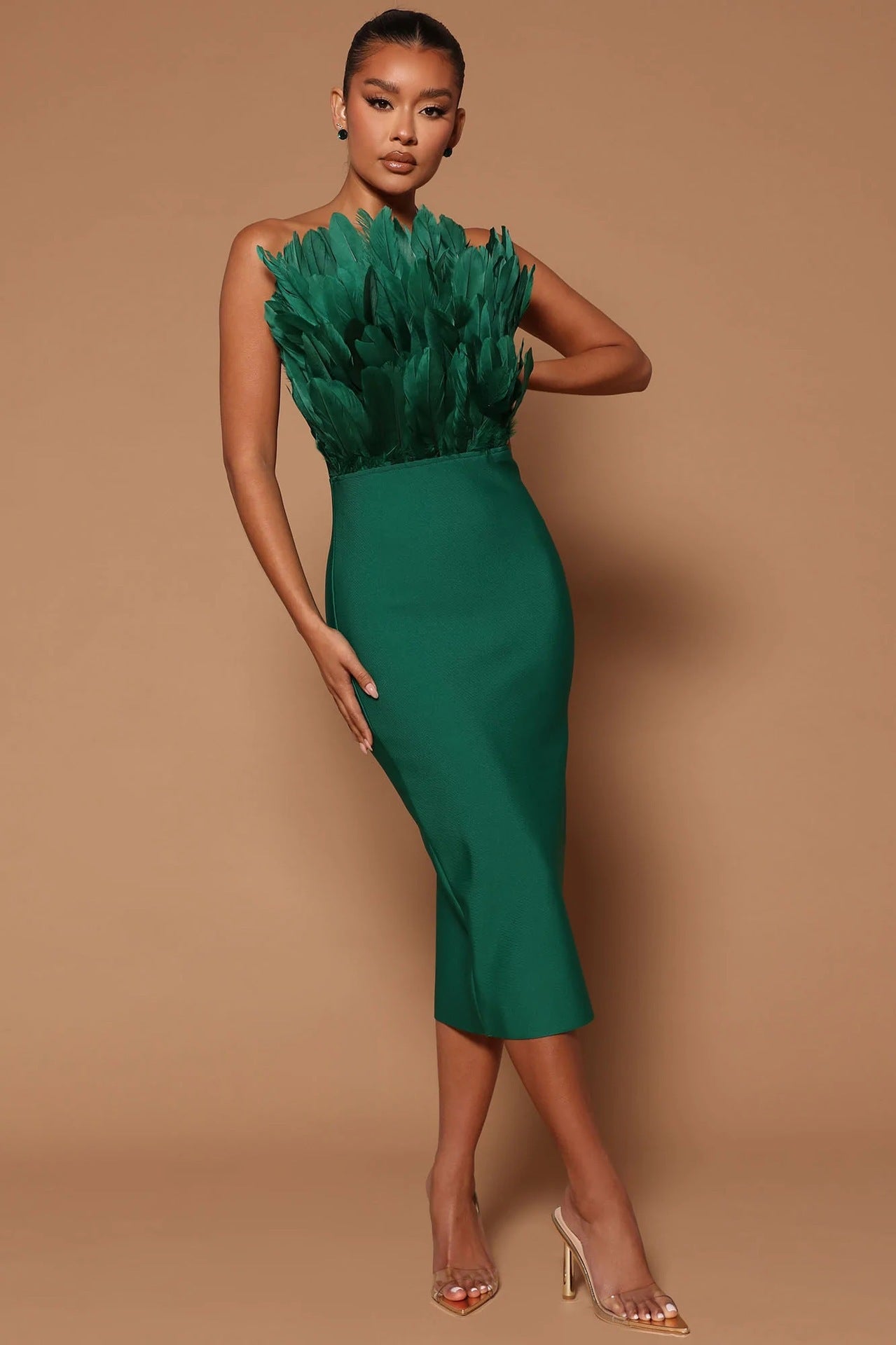 Feather Stretch Slim-Fit Bandage Tube-Top Dress