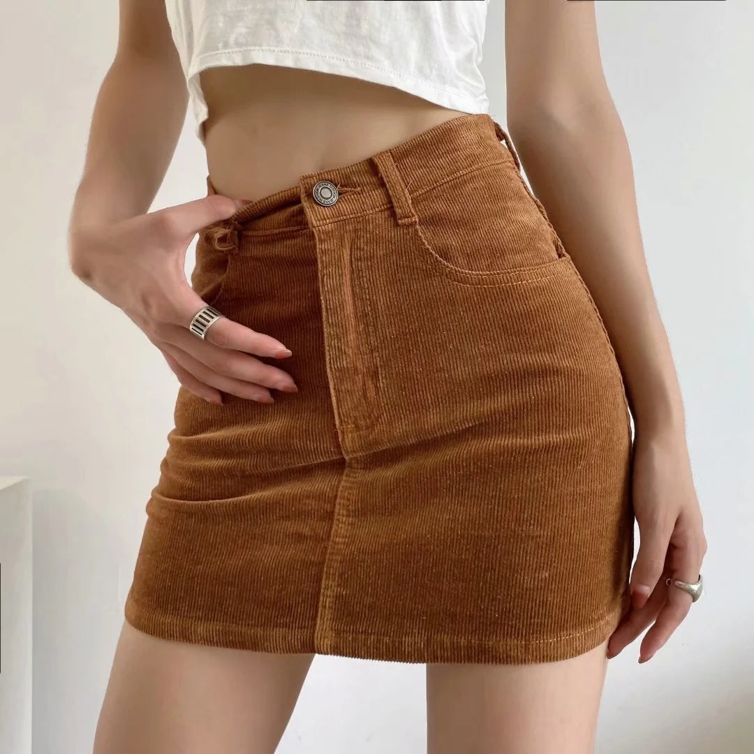 High-Waist All-Match A-Line Slim Corduroy Skirt For Women