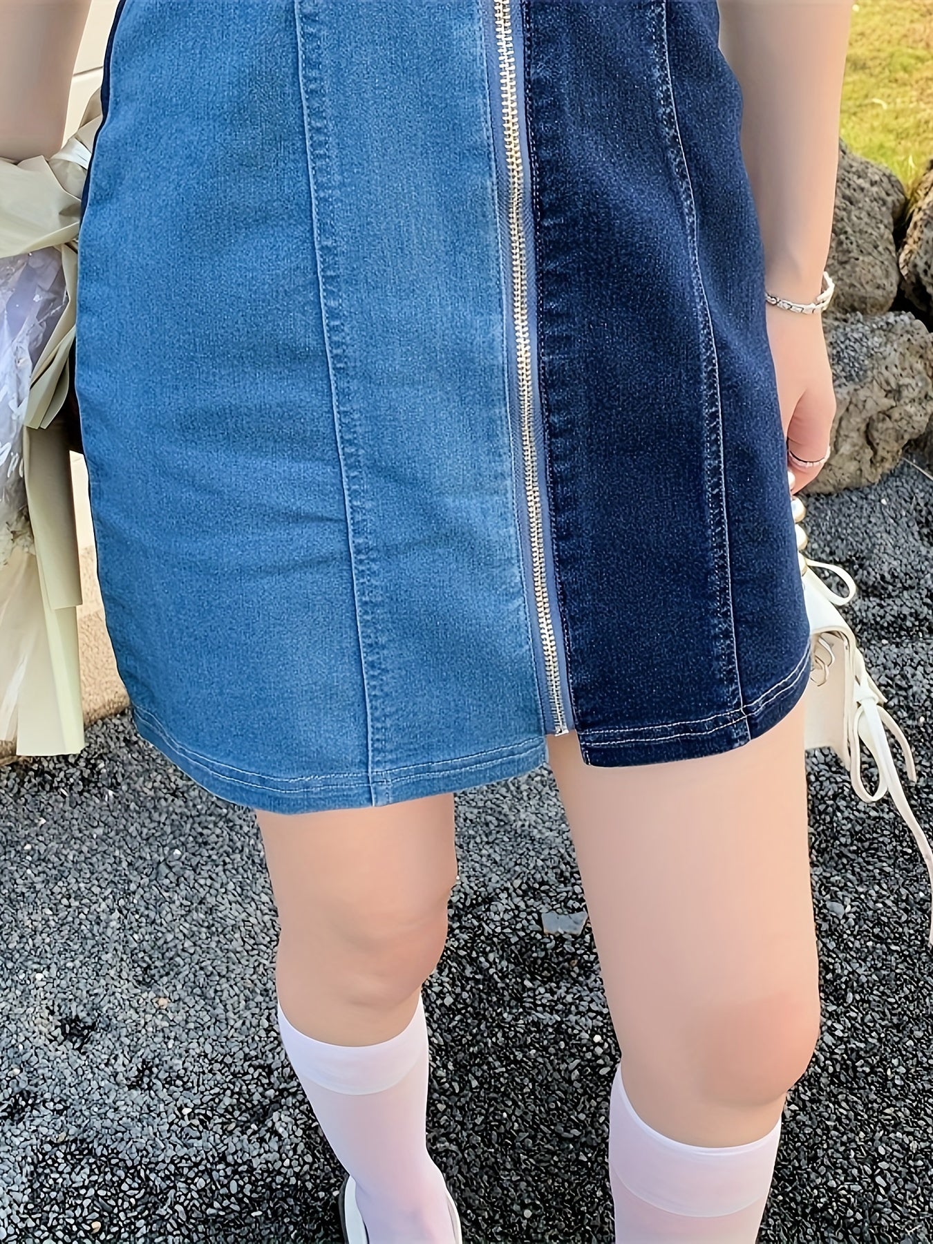 Colour-Block Zipper Patchwork Denim Mini Dress