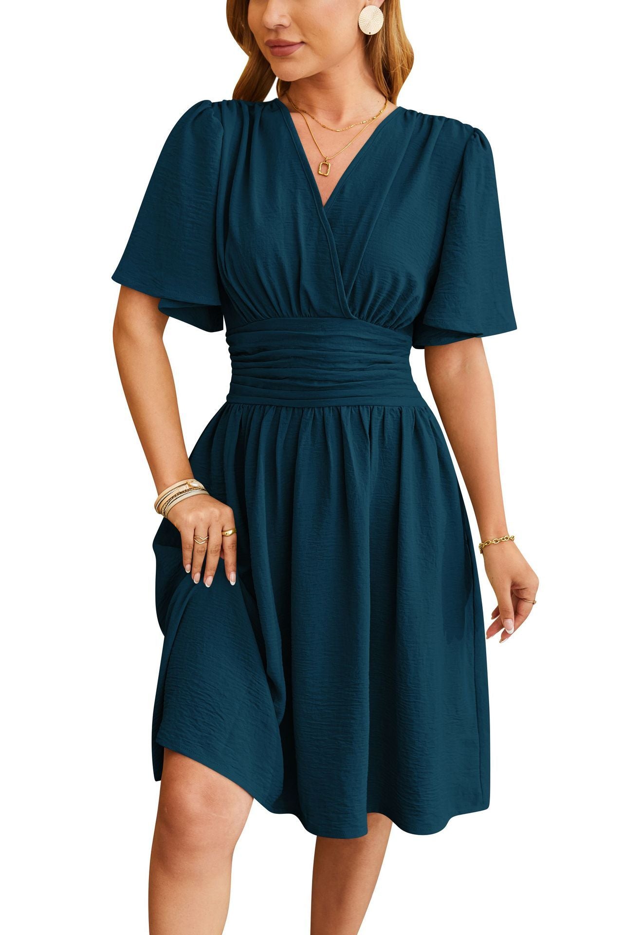 V-Neck Fitted-Waist Flare-Sleeve Midi Dress