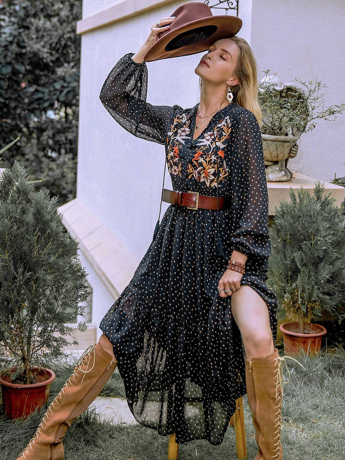 Embroidered Polka Dot Tie-Neck Long-Sleeve Midi Dress - US only