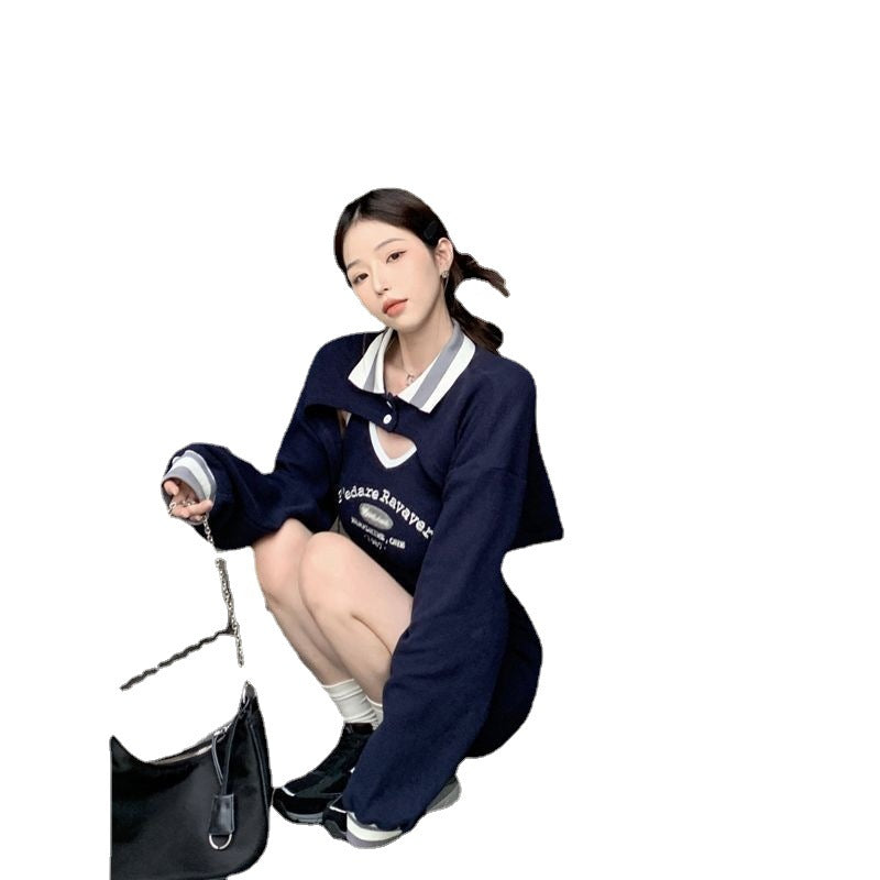 Long-Sleeve Loose Polo-Collar Sweater Dress - Two-Piece Set Option Available