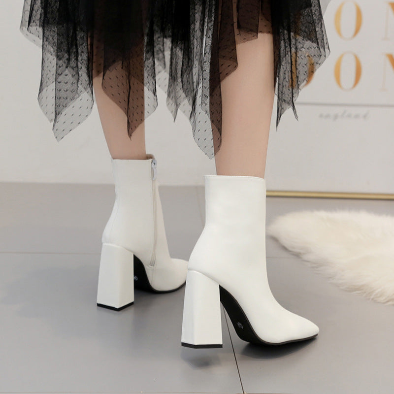 White High-Heel Short Boots