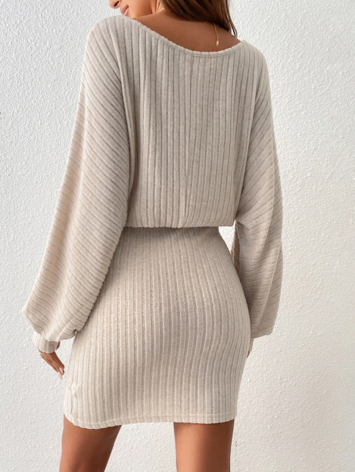 European & American Style Belt Decorative Long-Sleeve Knitted Dress
