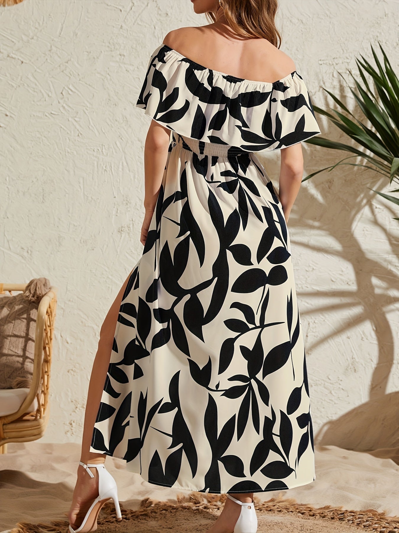 Off-Shoulder Slit Flowy Maxi Dress - US Only