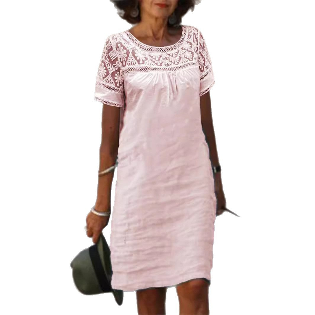 Casual Lace-Patchwork Crew-Neck Cotton-Linen Solid-Color Short-Sleeve Dress