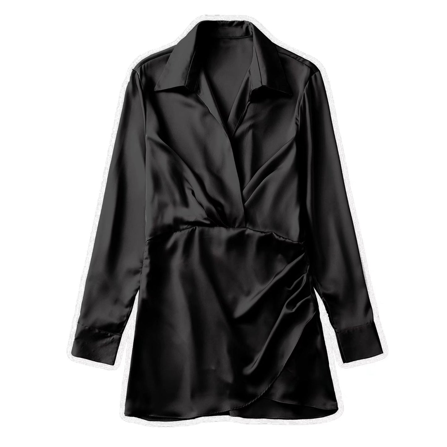 European & American Style Silk Satin Texture Waist Shirt Dress