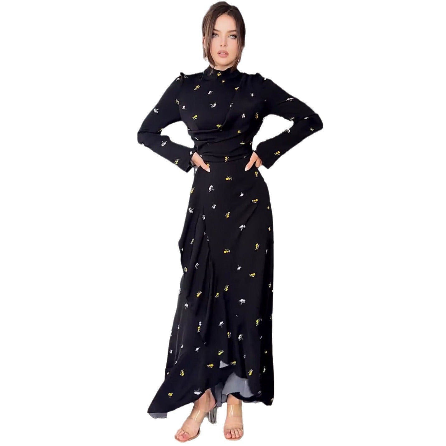 Long-Sleeve Slim-Fit Ruffled Large Swing Dress