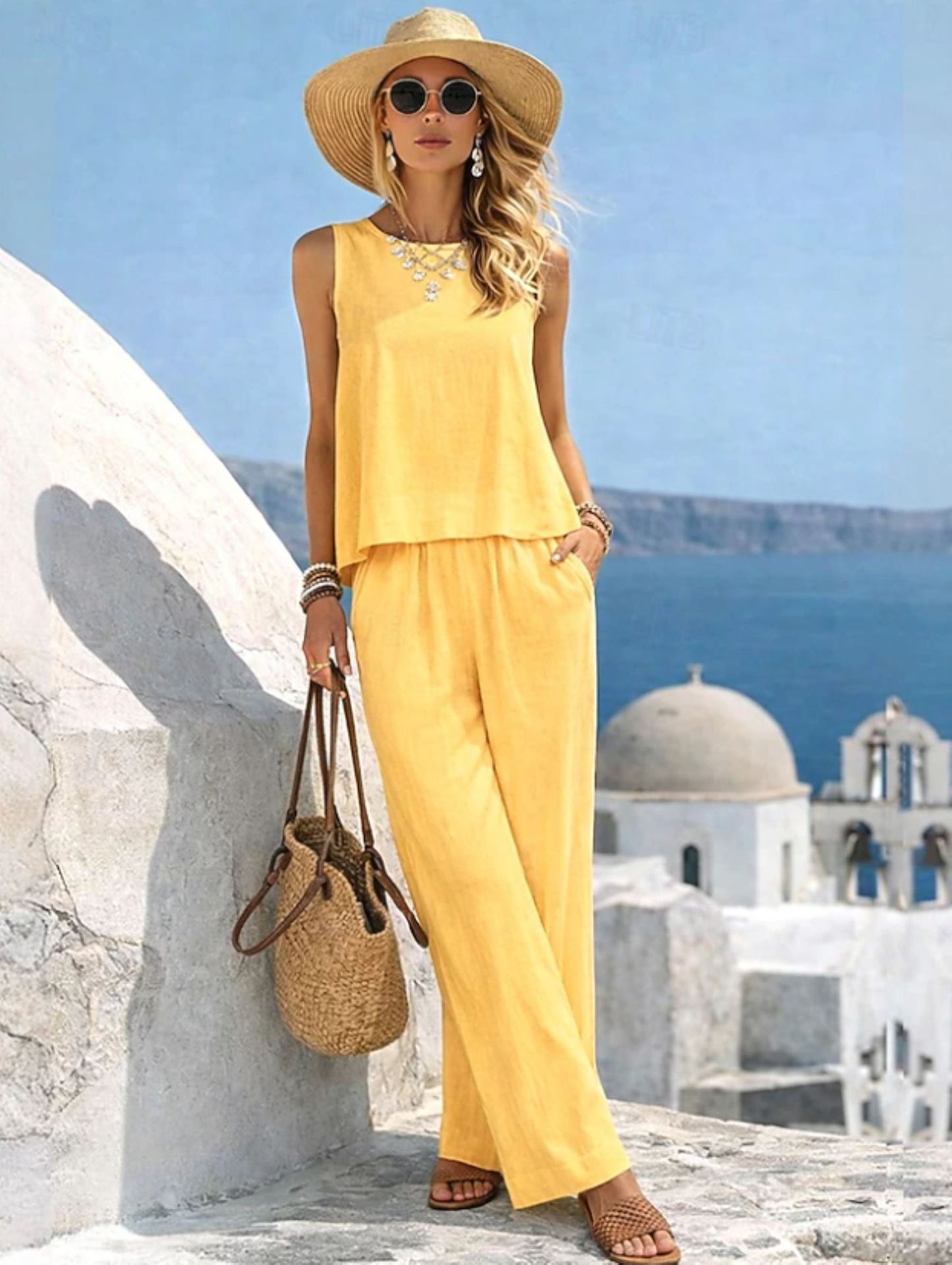 Casual Cotton-Linen Vest & Pants Outfit