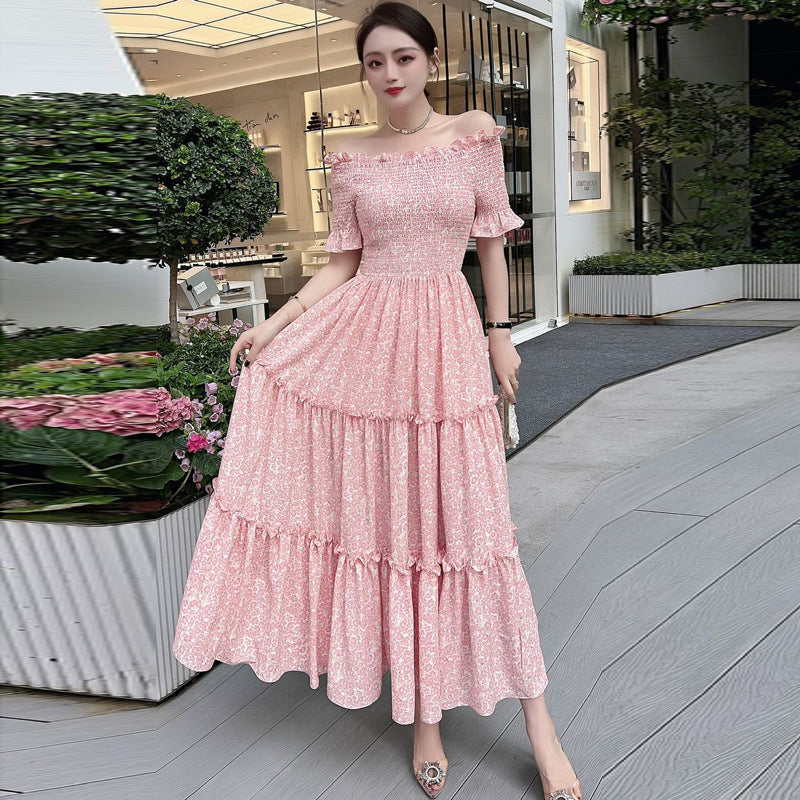 Off-Shoulder Elastic-Waist Printed Short-Sleeve Bohemian Maxi Dress