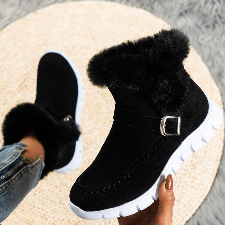 New*****!!!! - Thickened Solid Colour Plush Ankle Snow Boots With Buckle Design