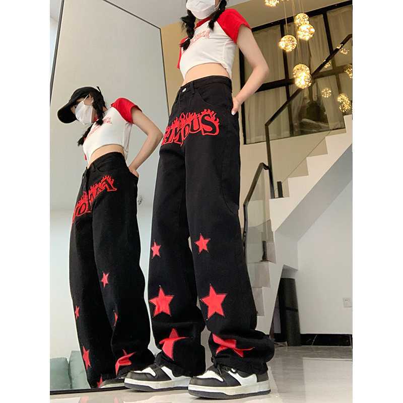 Red Star Letters Jeans - High-Waist Casual Trousers