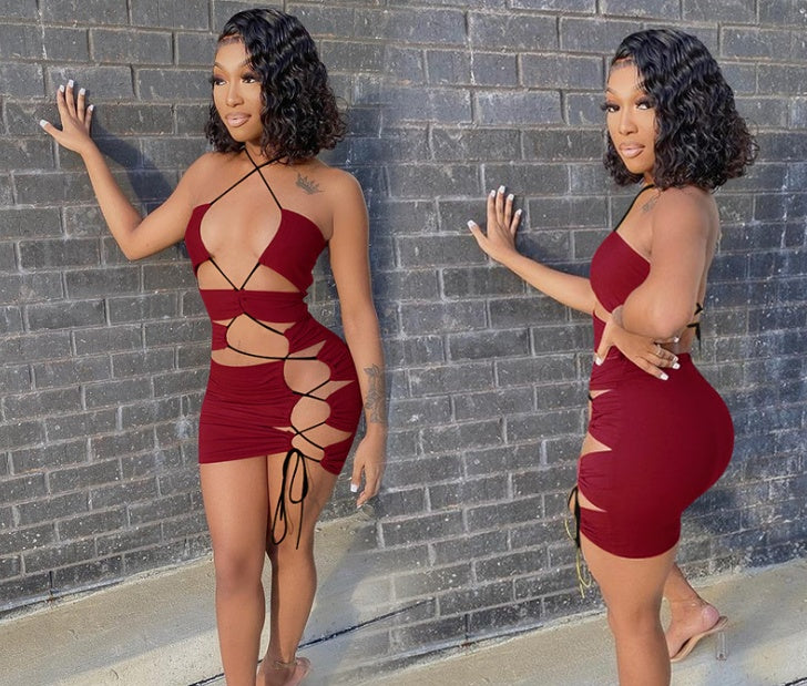 Irregular Drawstring Hollow-Out Mini Dress