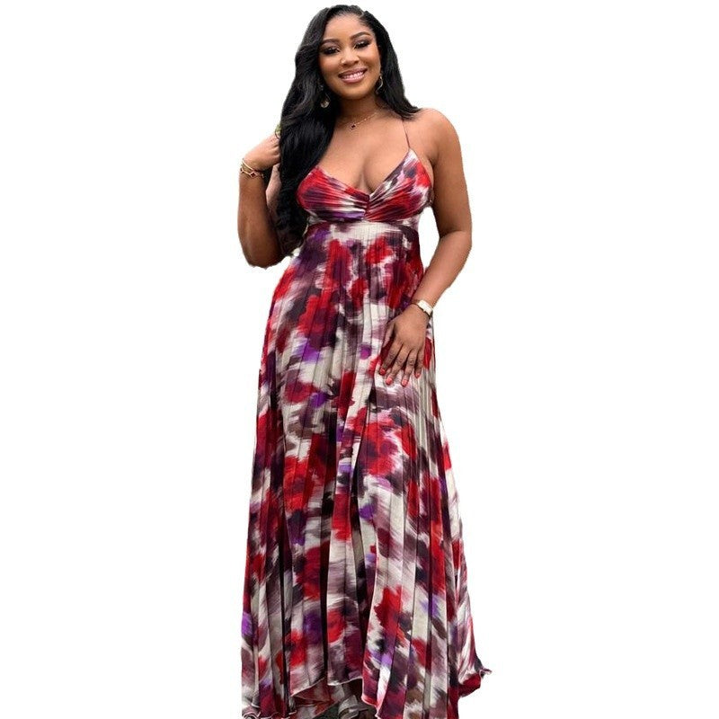 Printed Pleated Suspender Maxi Dress