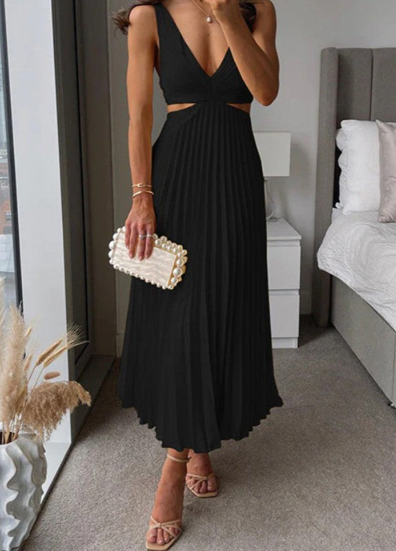 Summer New V-neck Sleeveless Hollow Backless Pleated Dress