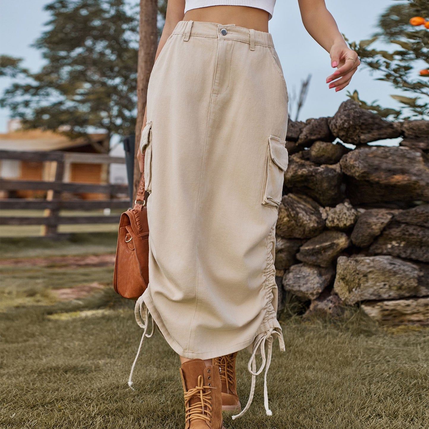 American-Style Denim Casual Midi Skirt
