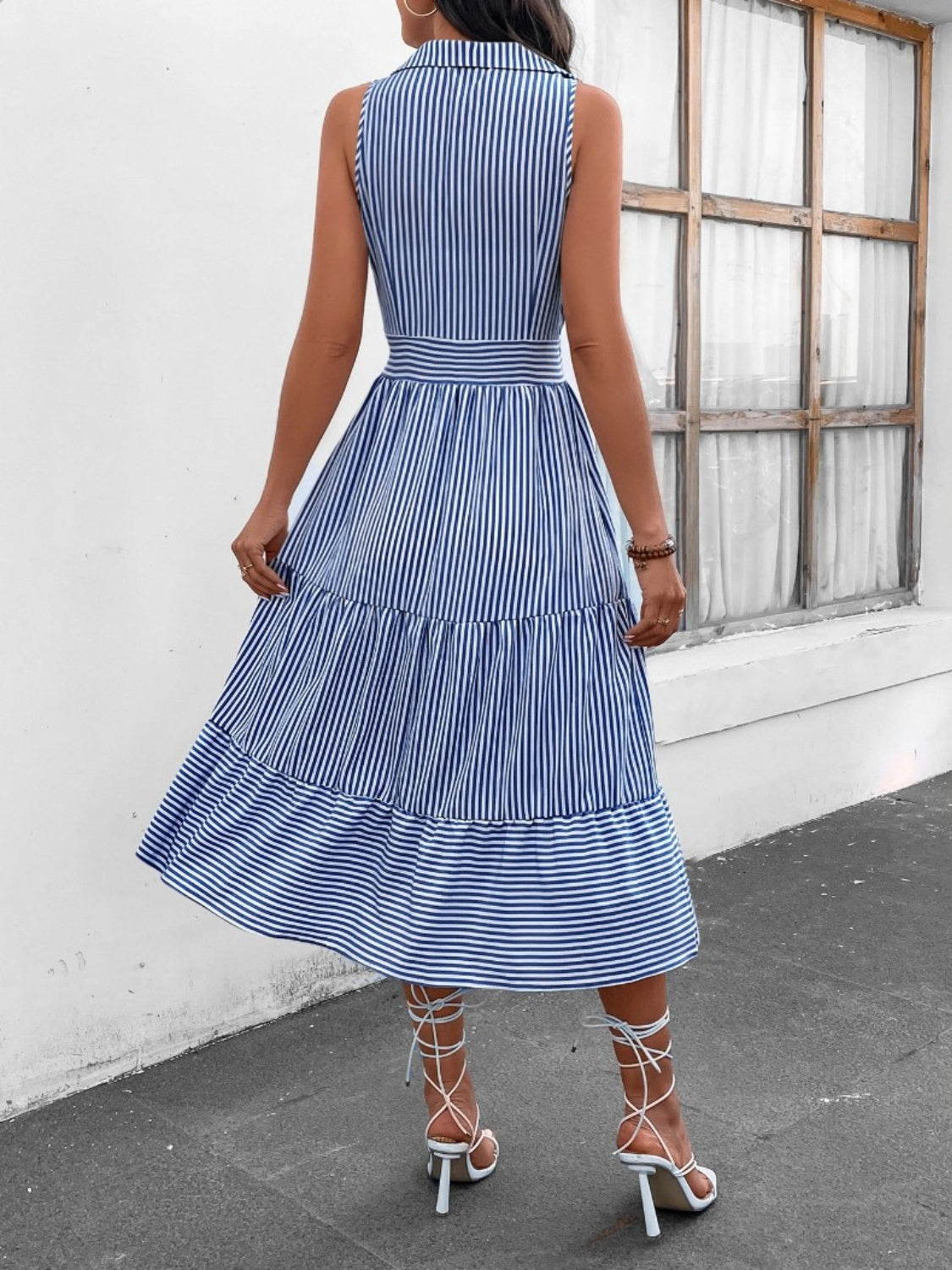 Striped Johnny Collar Sleeveless Midi Dress - US Only