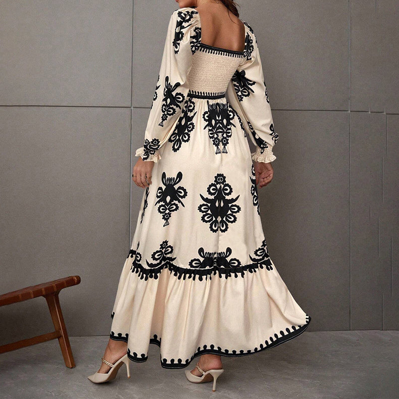Elegant Retro Geometric Print Lantern-Sleeve Dress - US Only