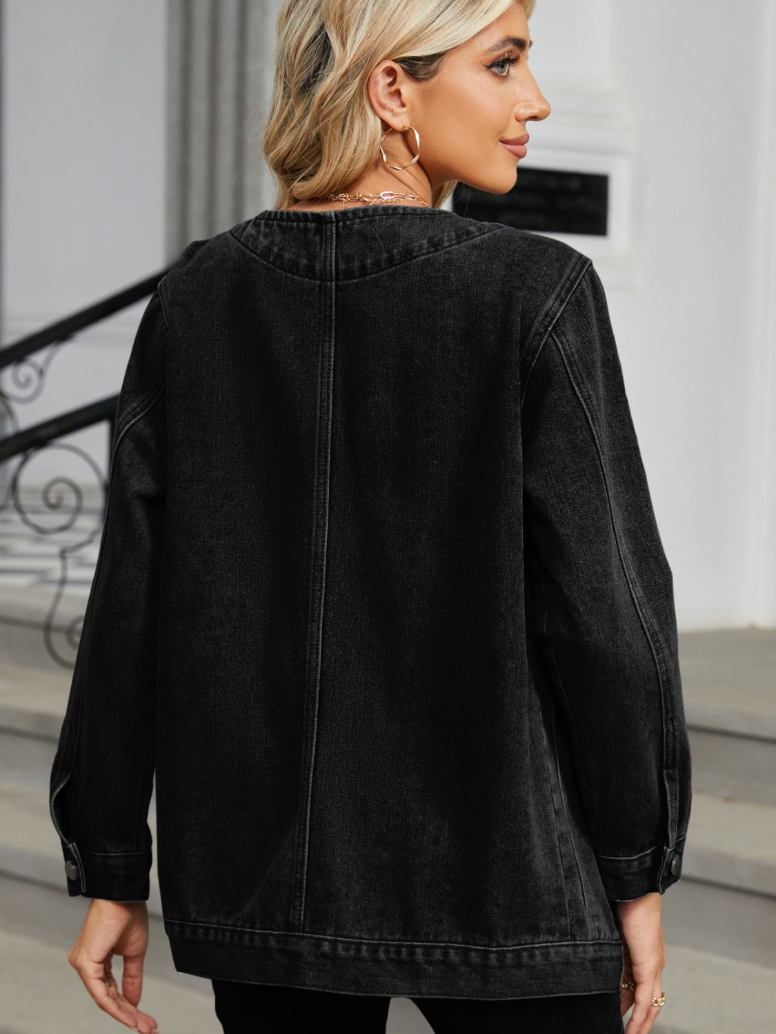 Pocketed V-Neck Button-Up Denim Jacket - US Only