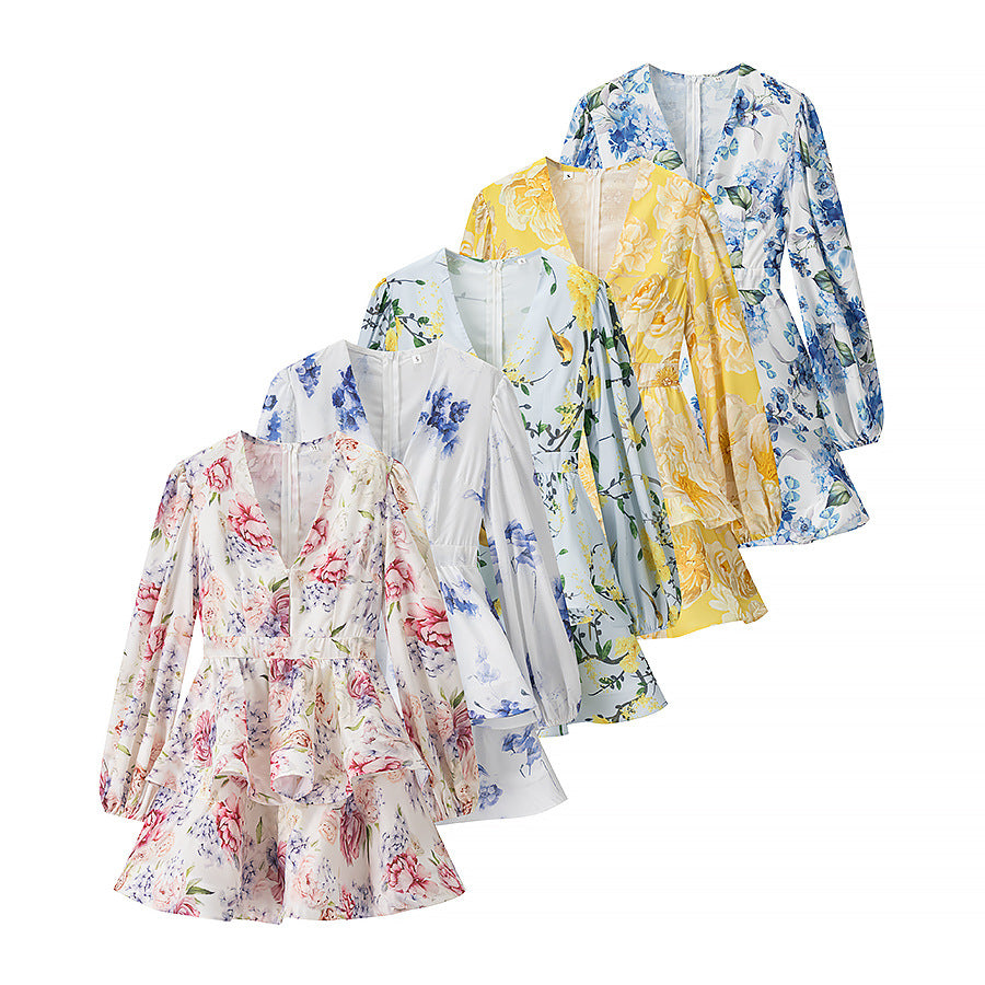 Printed V-Neck Lantern-Sleeve Short Dress