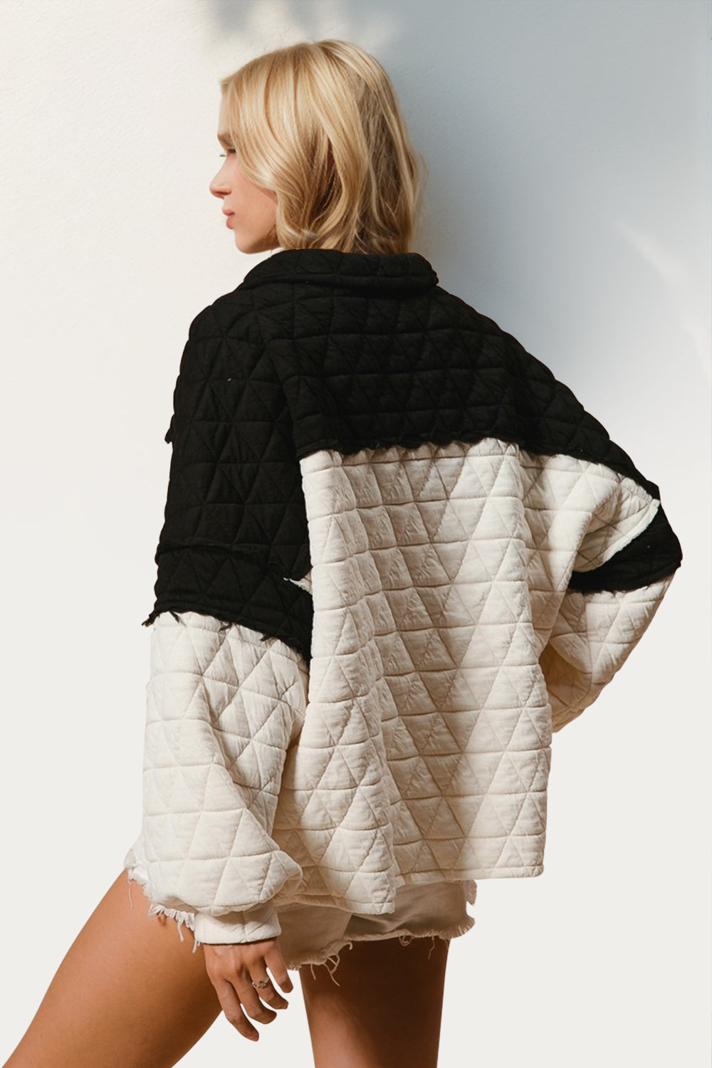Quarter-Button Contrast Long-Sleeve Quilted Sweatshirt - US Only