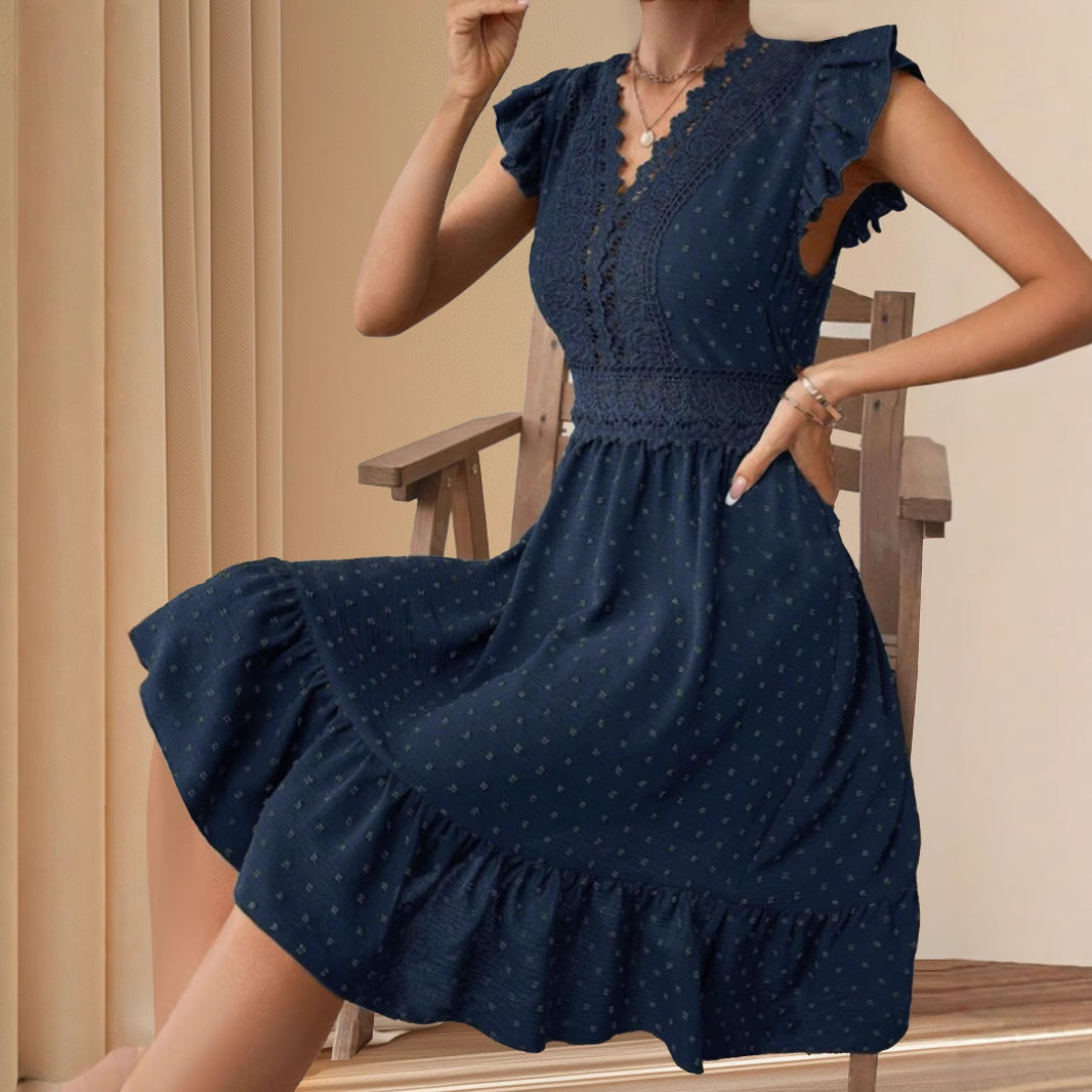 Lace Trimmed Pleated V-Neck Elegant Dress