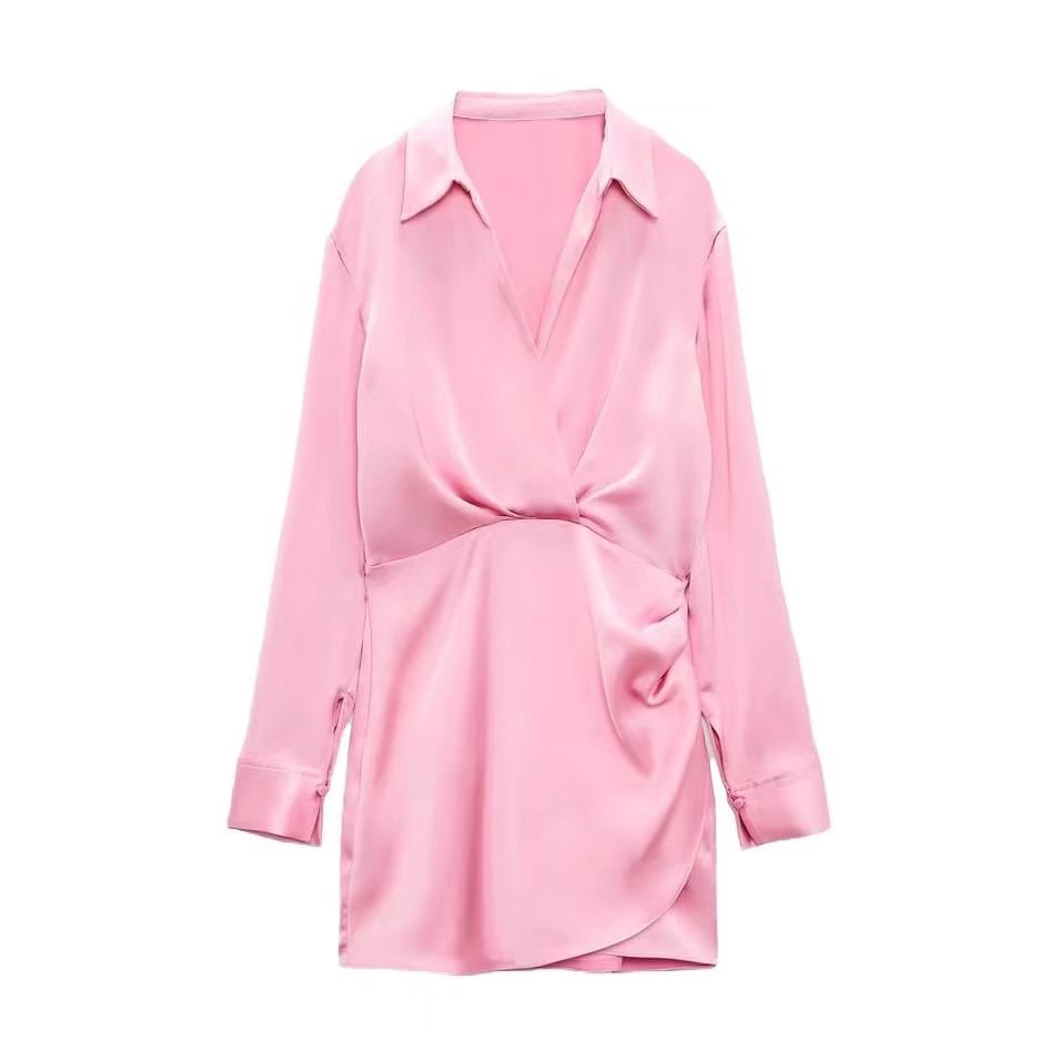 European & American Style Silk Satin Texture Waist Shirt Dress