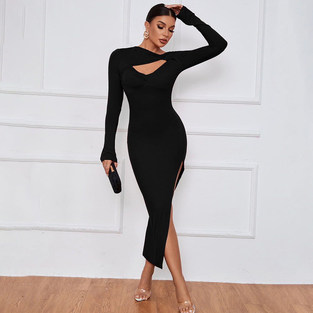 Hollow-Out Slit Long-Sleeve Dress