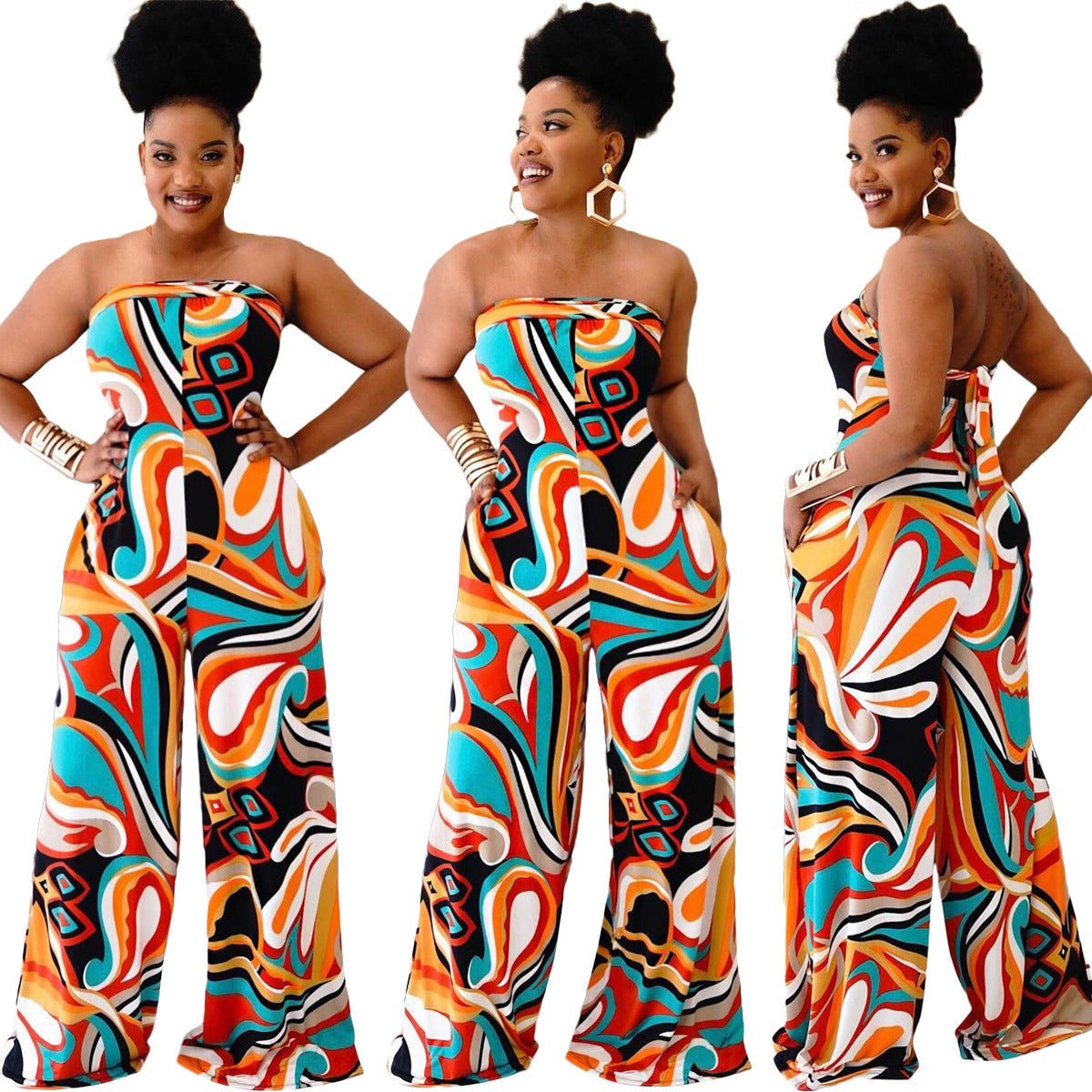 Women's Tube Top Halter Printed Jumpsuit - Wide-Leg Pants