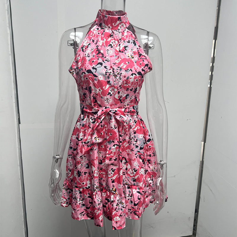 New Summer Flowers Print Halterneck Dress