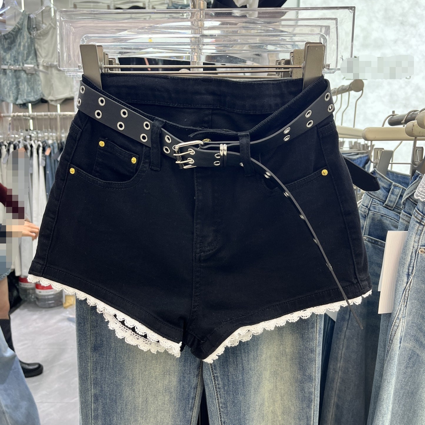 Lace-Edge Denim Shorts