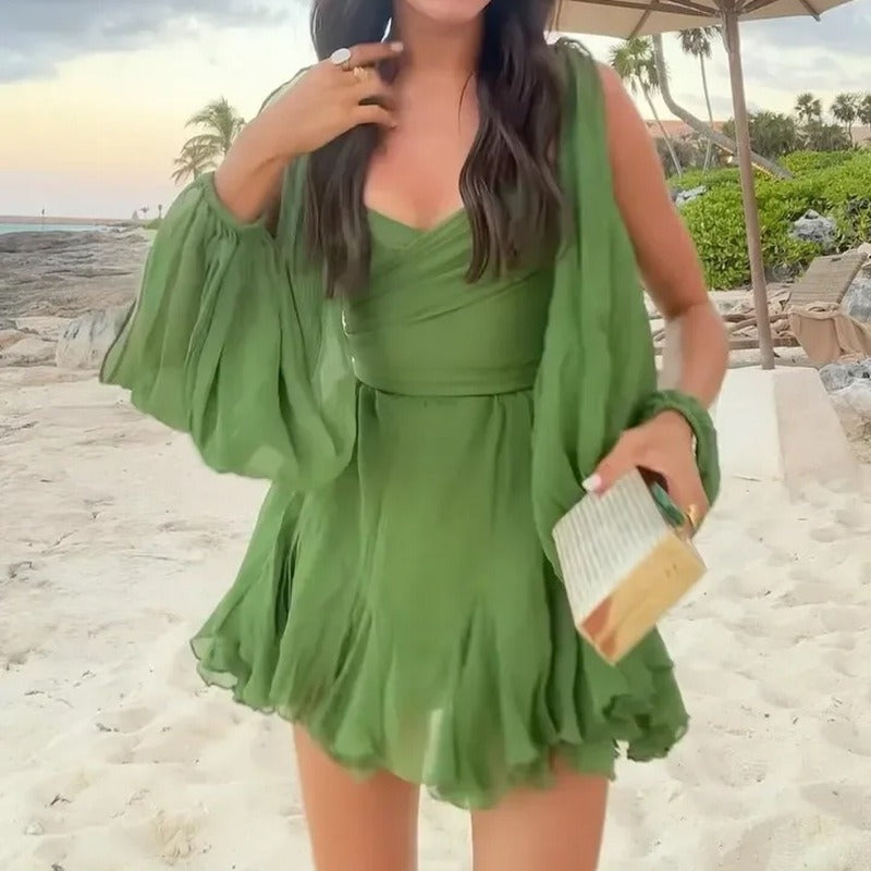 Hollow Lantern-Sleeve V-Neck Off-Shoulder Dress