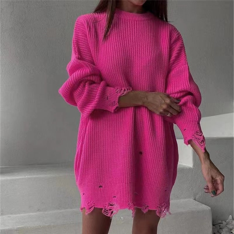 Round-Neck Long-Sleeve Burrs Loose Knitted Pullover Sweater Dress