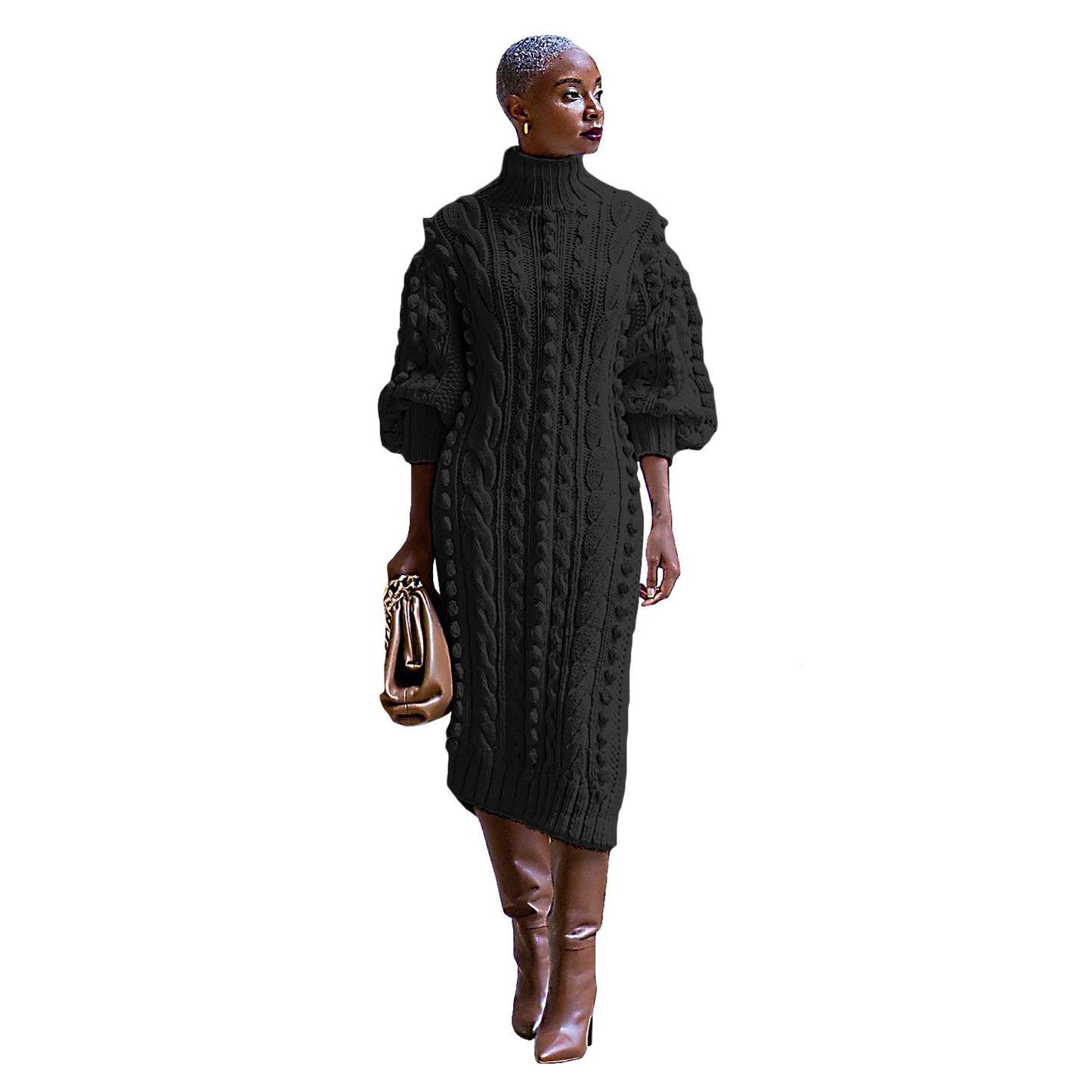 Turtleneck Slit Knitted Long Dress