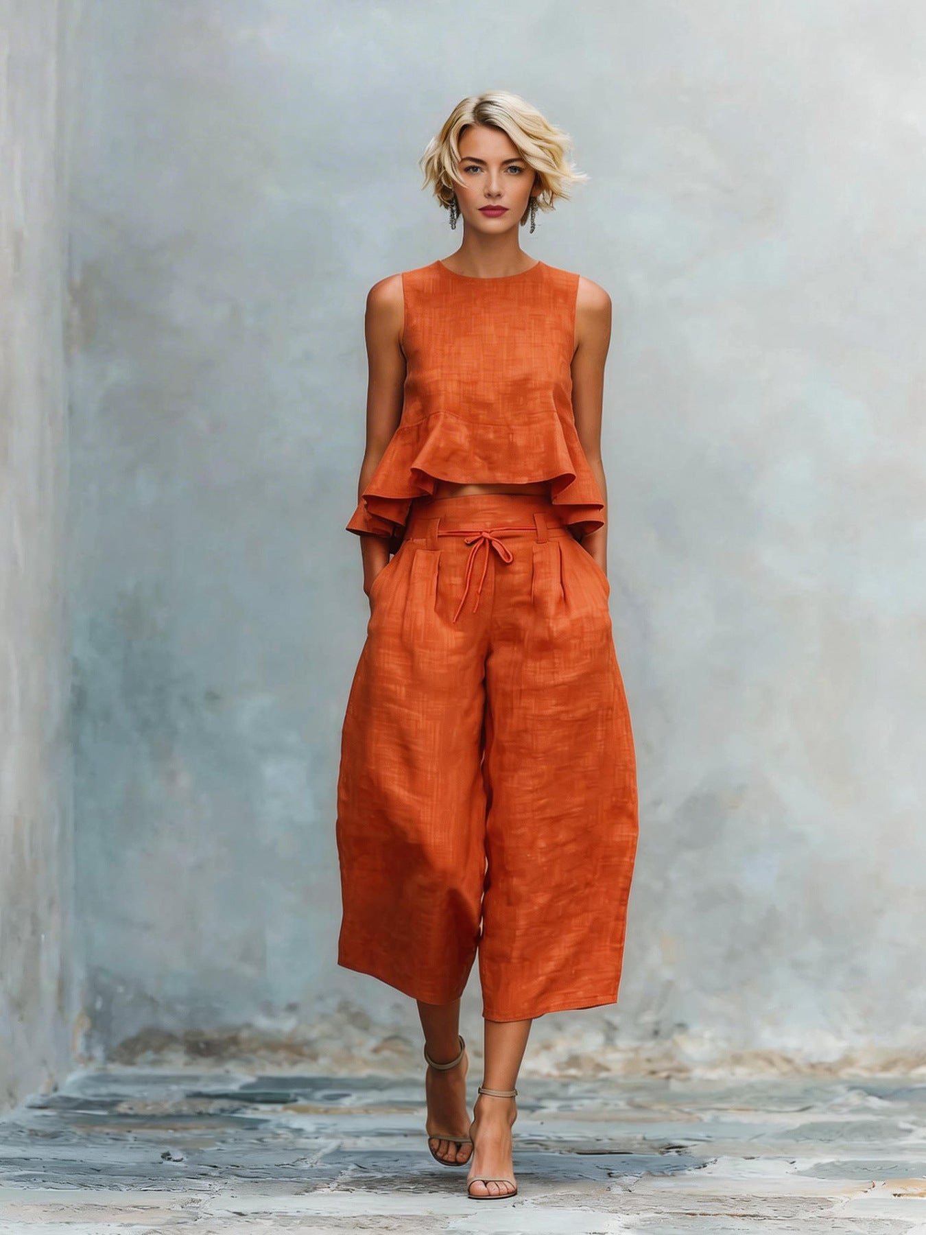 Womens Linen-blend Two-piece Set With Ruffled Detailing