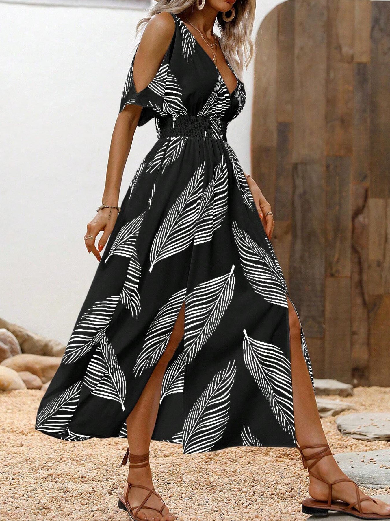 V-Neck Printed Off-Shoulder Maxi Dress - US Only