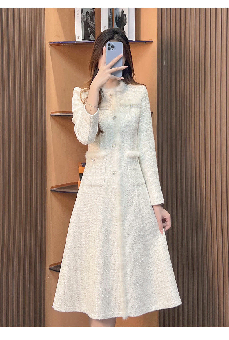 Classic-Style Plush Elegant Socialite High-Sense Warm Long-Sleeve Dress