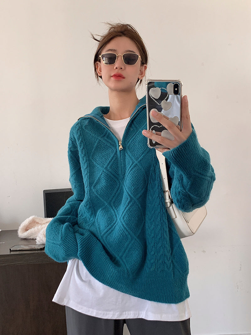 Mock-Neck Zipper Fried Dough Twists Pullover Sweater