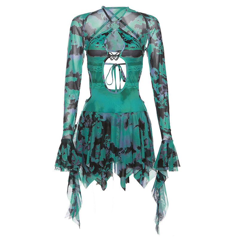 Butterfly Printed Hollow Backless Slim-Fit Mini Dress
