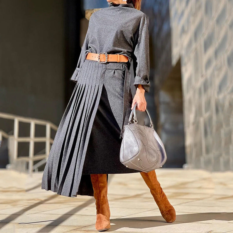 Irregular Long-Sleeve Loose Solid-Colour Dress