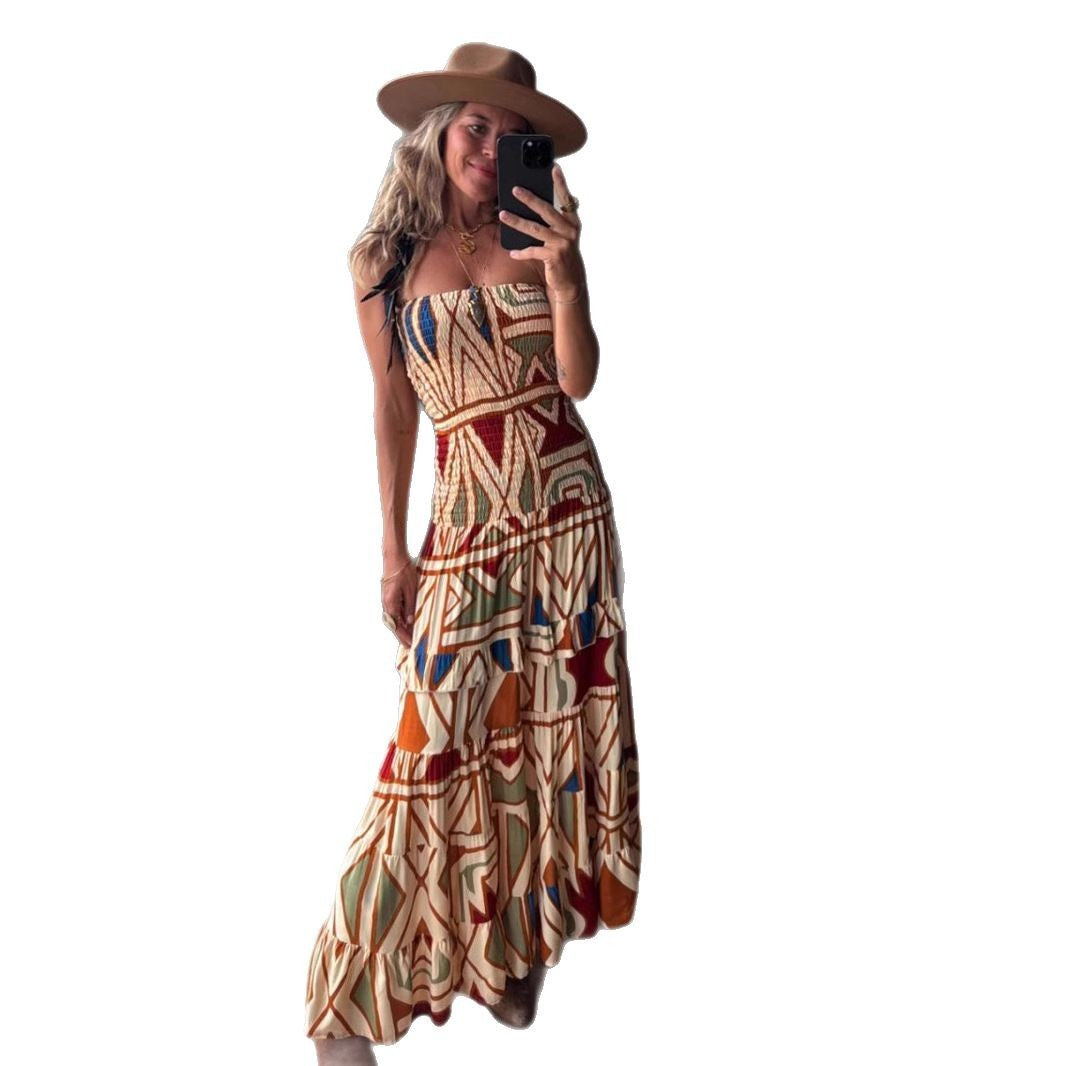 Retro High-Waist Printed Maxi Dress