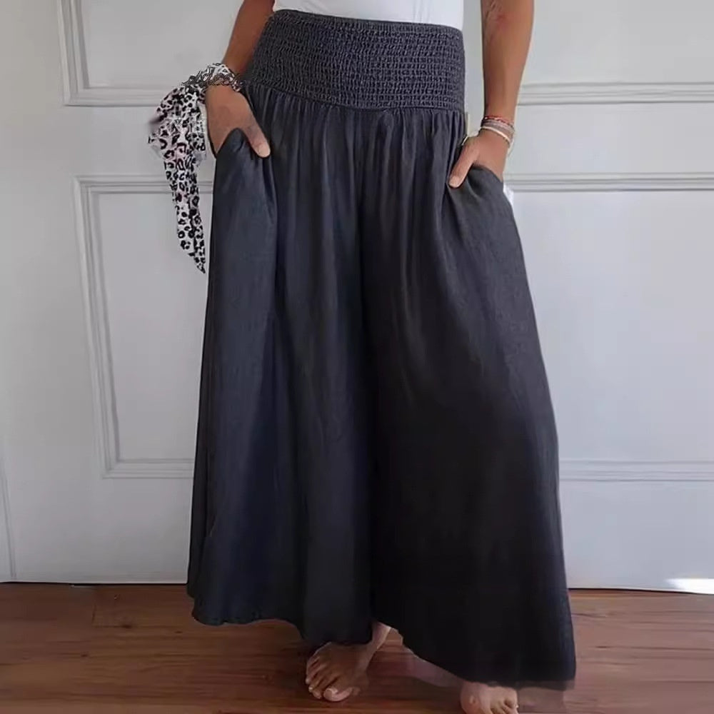 High-Waist Smocking Wide-Leg Denim Trousers With Pockets